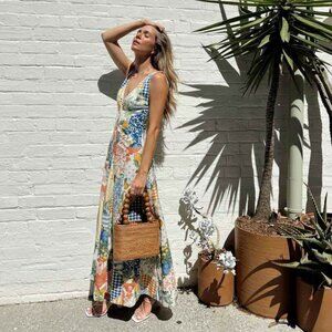 Maxi Lemon Majolica Tile style print dress deep V neck